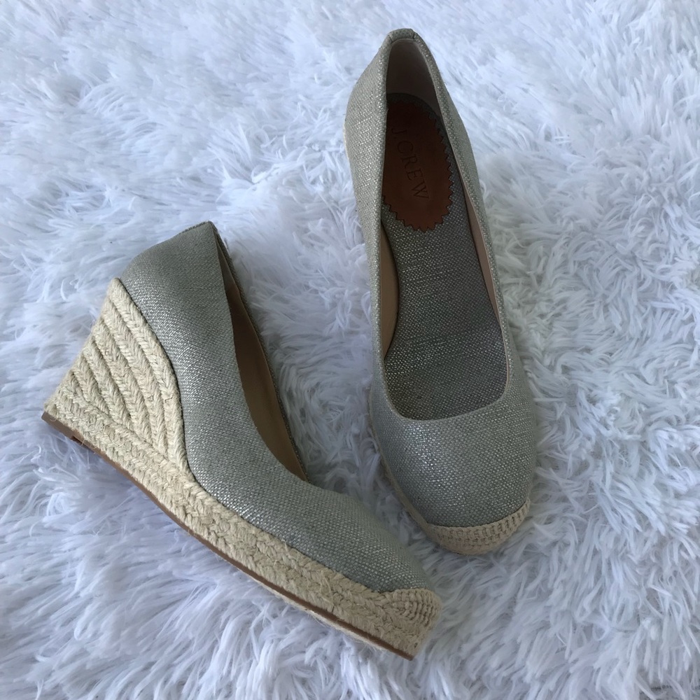 J. Crew Metallic Gray Seville Espadrille Wedges